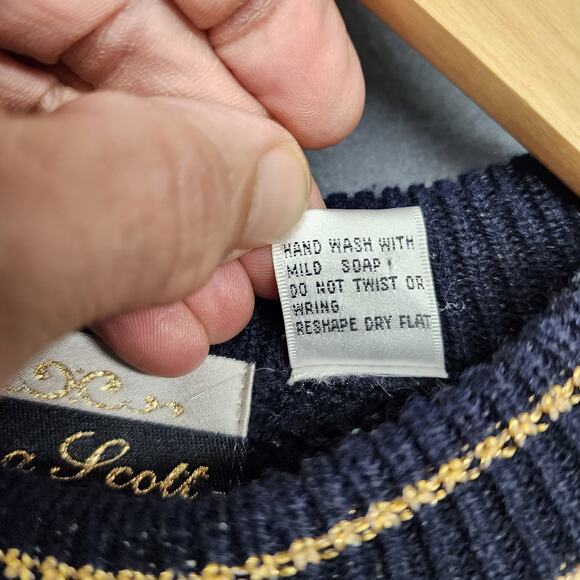 Vintage Womens Sweater Large Dana Scott Black Teal Holiday Embellished Tunic 90s - Picture 4 of 15